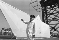 George with his Paper Boat, launching from the Finnieston Crane in Glasgow in 1989